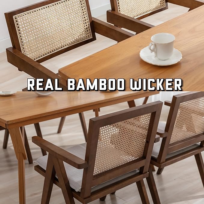 Rattan Dining Chairs Set of 2, Farmhouse Wicker Dining Chairs with Removable Linen Cushion Accent Cane Armchair for Dining Room Kitchen Restaurant, Walnut
