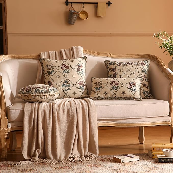 patdrea Designer Throw Pillow Covers Set of 4,Euro Vintage Light Brown Linen with Floral Collection Pattern Pillow Cover,Decorative Square Lumbar Round Pillowcases Cushion for Bed Living Room Car