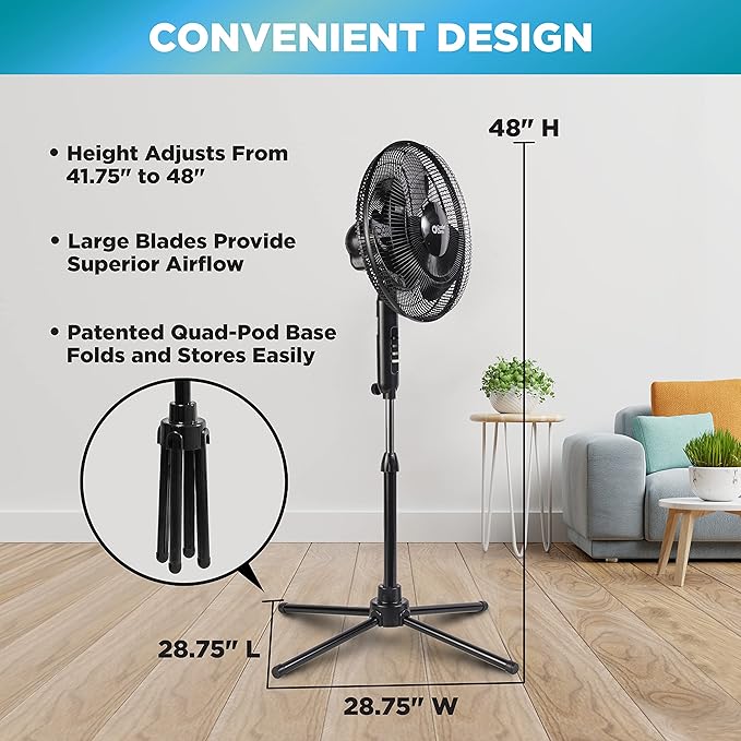 Comfort Zone Electric Oscillating Pedestal Fan, Stand Fan, 16 inch, 3 Speed, 90 Degree Oscillating Head, Adjustable Height and Tilt, Airflow 7.48 ft/sec, Ideal for Home, Bedroom & Office, CZST161BTEBK