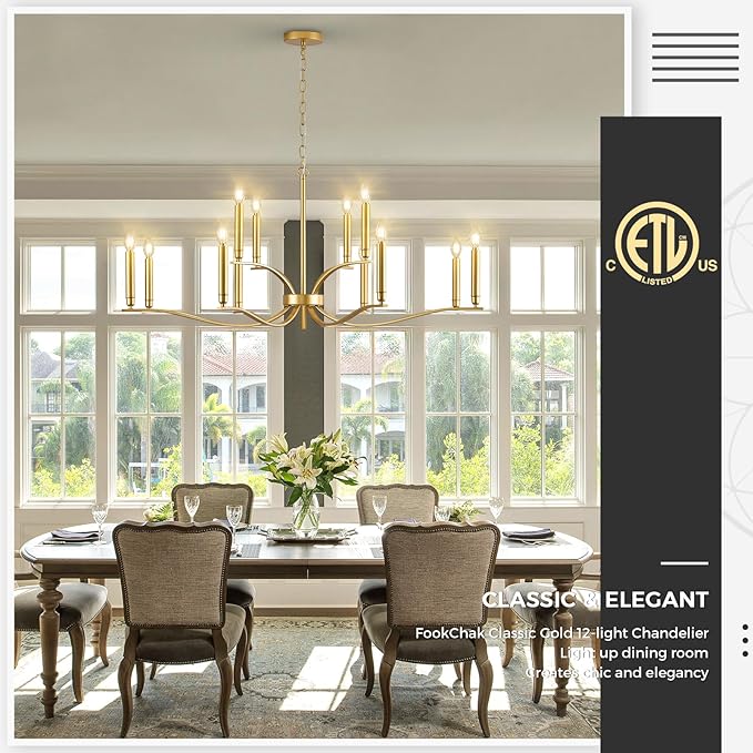 12 Light Gold Living Room Chandelier High Ceiling Foyer Candle Chandelier Large Modern Brass 44in Metal Chandeliers Hanging Light for Master Bedroom Dining Room Light Fixture Over Table