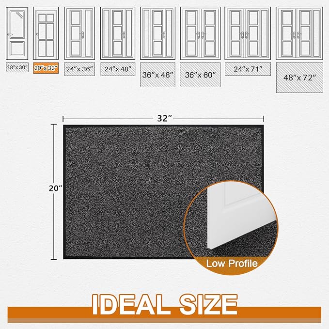 Mibao Front Door Mat, Dirt Trapper Welcome Mat for Outdoor Indoor, Non-Slip Waterproof Doormat, Durable Machine Washable Low Profile Entry Rug for Back Door Outside Patio Porch, 32" x 20", Grey