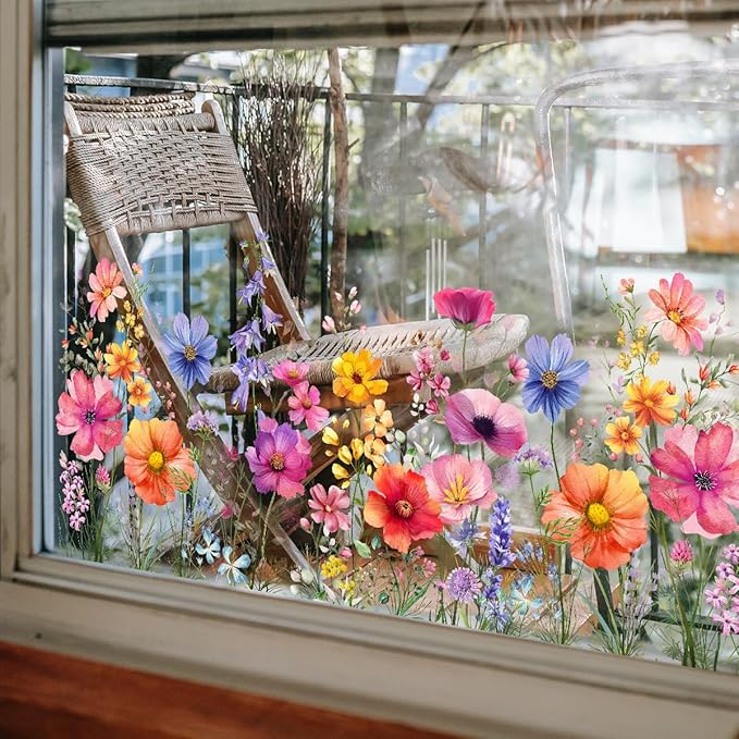 Colorful Flower Garden Window Clings, Wildflower Grass Lily Peony Poppy Floral Window Decals