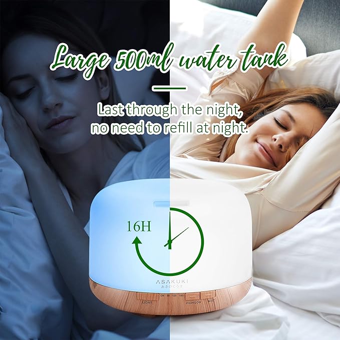ASAKUKI Oil Diffuser with Essential Oils Set, 500ml Aromatherapy Humidifier with 14 LED Colors & Auto Shut-Off - 6 Oil Gift Pack(Lavender Eucalyptus Tea Tree Orange Peppermint Lemongrass)