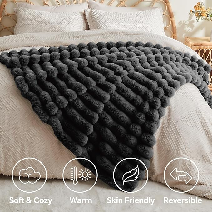 BEDELITE Faux Fur Throw Blanket for Couch, Soft and Cozy Luxurious 3D Striped Fluffy Blanket, 770GSM Thick Warm Plush Fuzzy Faux Rabbit Fur Blanket for Women Gift (Black, 50"x 60")