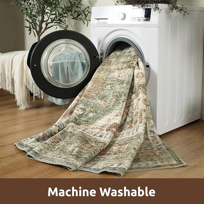 AMOAMI-2X3 Small Rug-Washable Rugs Entryway Mat Indoor-Soft Vintage Non Slip Rugs for Kitchen Laundry Room Bathroom Green Decorative Accent Rug for in Front of Sink 24 Inch x36 Inch