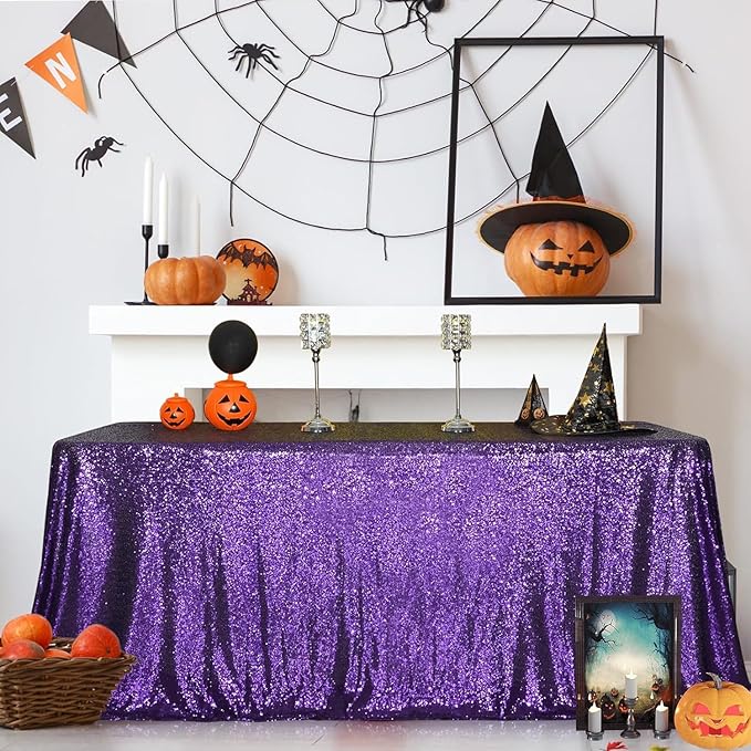 SquarePie Sequin Tablecloth 90 x 132 Inch Purple Sparkly Table Linen for Wedding Halloween Party