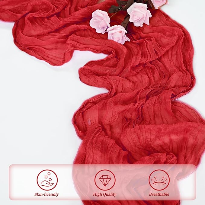 12 Pack Red 10FT Cheesecloth Table Runner Rustic Gauze Fabric Cheese Cloth Table Runner for Wedding Bridal Baby Shower Table Decor Boho Sheer Birthday Party Table Decorations 20 x 120 Inch Long