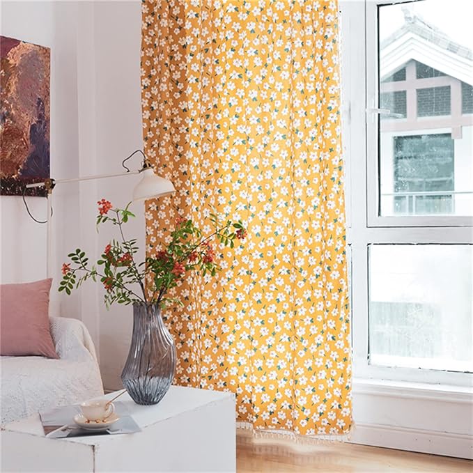 Sutuo Home Boho Curtain Semi-Blackout Yellow Florals Print Cotton Linen Fabric, Handmade Tassels Rod Pocket Bohemian Farmhouse Country Window Drapes for Living Bedroom, 59" W x 84" L, 1 Panel