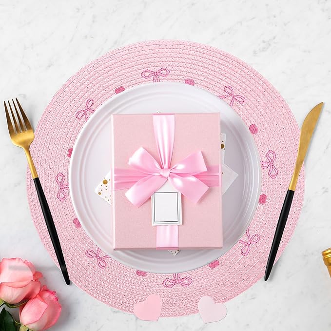 Whaline 4Pcs Round Placemats Pink Bow Embroidered Place Mats Coquette Bow Dinner Table Mats for Home Wedding Baby Shower Birthday Party Decor