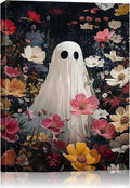 Halloween Canvas Wall Art,Vintage Cute Ghost & Wildflowers Framed Poster, Spooky Fall Decorations for Indoor, Gothic Dark Academia Wall Decor, Funny Halloween Decorations for Living Room Bedroom
