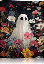 Halloween Canvas Wall Art,Vintage Cute Ghost & Wildflowers Framed Poster, Spooky Fall Decorations for Indoor, Gothic Dark Academia Wall Decor, Funny Halloween Decorations for Living Room Bedroom