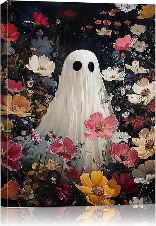 Halloween Canvas Wall Art,Vintage Cute Ghost & Wildflowers Framed Poster, Spooky Fall Decorations for Indoor, Gothic Dark Academia Wall Decor, Funny Halloween Decorations for Living Room Bedroom