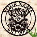 Personalized Highland Cow Name metal Signs,Custom Highland Cow Metal Shed Wall Decor,Black Metal Wall Art Plaques Outdoor wall Decorative Signage (Style E)