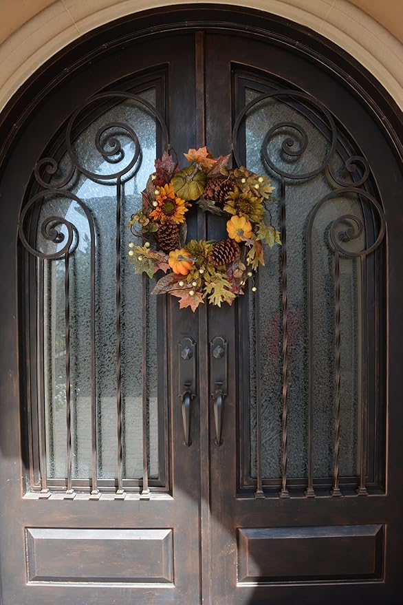 Admired By Nature 24 Inch Artificial Fall Pumpkin Sunflowers Wreath Wall Door Farmhouse Decor For Home Office Thanksgiving Harvest Wreaths For Front Door Cemetery Wreaths Indoor Outdoor, Green/Autumn