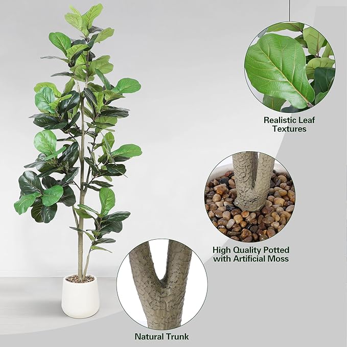 Artificial Fiddle Leaf Tree, 7ft Faux Plant Fake Ficus Lyrata Trees with White Planter, Artificial Fig Trees Floor Plants for House Office Living Room Indoor Home Decor, Housewarming Gift