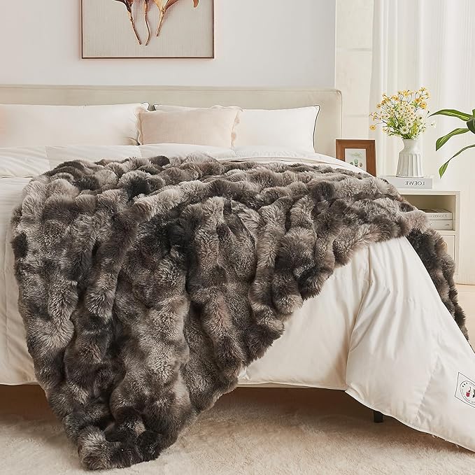 Lotus Karen Faux Fur Blanket Tie-Dye Dark Gray Twin Size - Big Bubble Rabbit Fluff Throw for Couch Small Fluffy Fuzzy Cozy Thick Furry Plush Shaggy Blankets 108x90 Inches