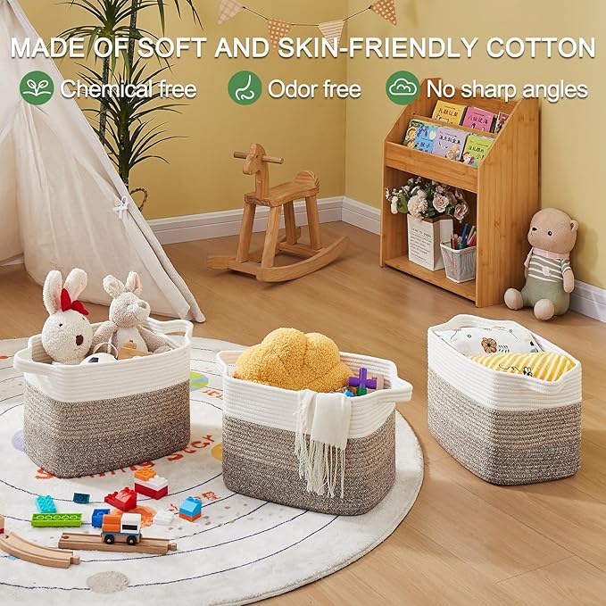 OIAHOMY Storage Basket, Woven Baskets for Storage, Cotton Rope Basket for toys,Towel Baskets for Bathroom - Pack of 3, Gradient Dark Brown