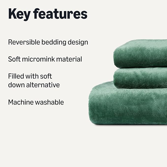 Amazon Basics Reversible Sherpa Comforter Set with Pillow Sham, Green, Queen/Full