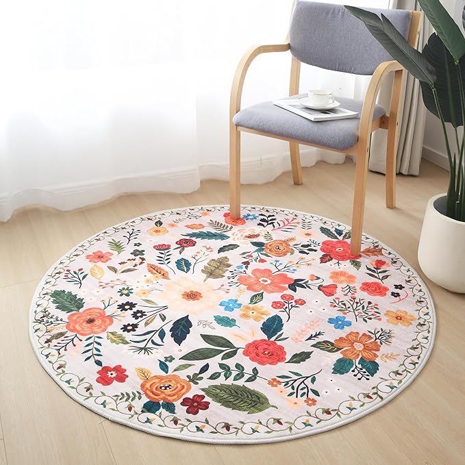 Round Rug 4ft Washable Circle Rug Non Slip Low Pile Boho Floral Small Circular Rug for Bedroom, Bathroom, Entryway, Kids Room, Office, College Dorm(Beige)