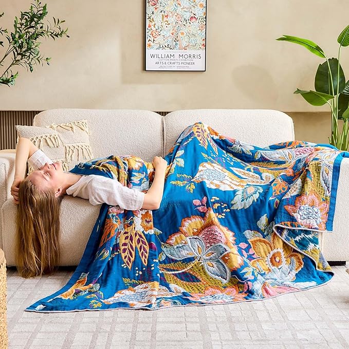 Boho Throw Blanket, Blue Lightweight Blankets for Summer, 100% Cotton Bohemian Decorative Throw Blanket, 90"x98" Reversible Muslin Breathable Woven Farmhouse Blankets Quilt,