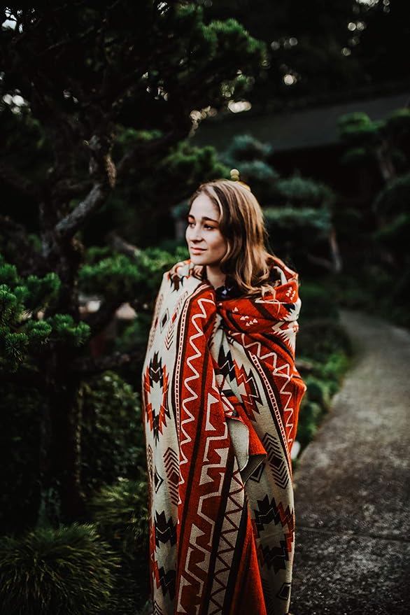 Inca Aztec Throw, Queen, King Blanket | Southwest Indian Navajo Boho Style | Native Cover for Camping, Bedding, Couch, Vanlife | Faux Alpaca, Lightweight, Hypoallergenic (Inti Red, Queen)