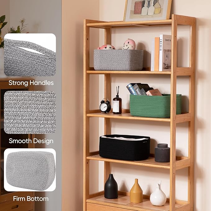 OIAHOMY 4 Pack 14.17*11.02*6.3IN Storage Baskets for Organizing Shelves, Woven Rope Baskets for Organizing Books, Clothes, Decorative Basket for Living Room, Nursery, Bedroom, Gift Basket, Grey