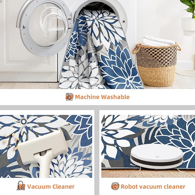 Indoor Outdoor Area Rug Washable Multicolored Patio Rug Tropical Botanical Modern Floral Indoor Outdoor Carpet Blue White Rug Non Slip for Patio, Deck, Backyard, Porch (9x12)