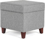 Adeco 17" Square Ottoman with Storage, Small Blue Storage Ottoman Foot Rest with Hinged Lid & Solid Wood Legs, Linen Fabric Foot Stool for Living Room & Bedroom