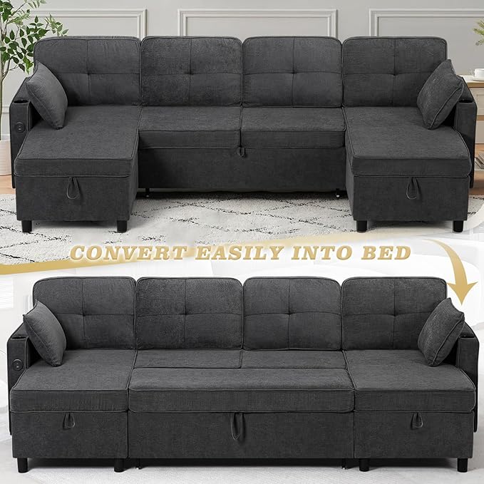 110 Inches Chenille Sectional Sofa w/Adjustable Back & Pull Out Sofa Bed, Tufted U Shaped Couch w/Two Storage Chaises, Sleeper Sectional Sofa w/USB Port & Cup Holders for Living Room, Grey