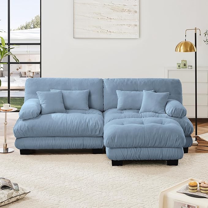 Modular Sectional Sofa, Comfy Cloud Couch Oversized Loveseat with Ottoman, Sectional Couches for Living Room, Modern Chenille L Shaped Couch, Sleeper Deep Seat Sofa with Throw Pillows, Blue