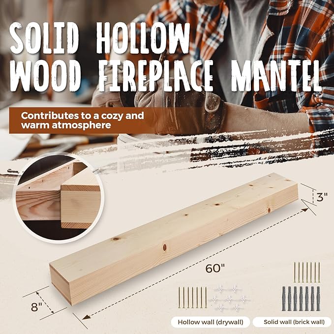 60x8x3 Fireplace Mantel - Handcrafted Hollow Rustic Solid Wood Wall Mounted Floating Shelf - DIY Color - with Invisible Heavy Duty Wood Bracket