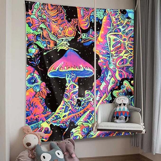 ADDWel Blacklight Mushroom Tapestry, Upright Tapestry Glow In The Dark, UV Reactive Black Light Tapestries Posters Wall Hanging for Backdrop Bedroom Dorm Living Room Decor(60"x80")