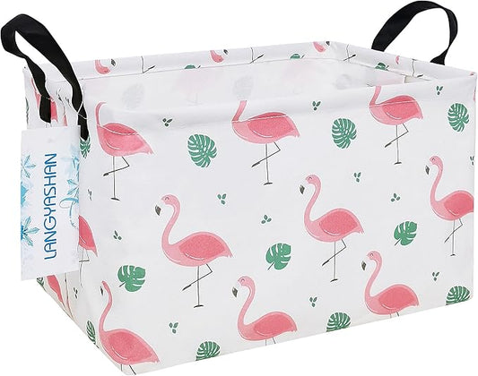 LANGYASHAN Rectangular Storage Bin Collapse Canvas Fabric Cartoon Storage Basket with Handles for Organizing Home Kitchen Boys and Girls Toys Office Closet Shelf Baskets(Rec Leaf Flamingo)