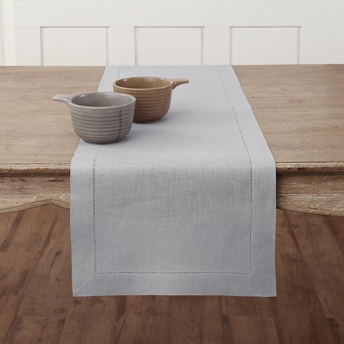 Solino Home Linen Soft Grey Table Runner 120 Inches Long - 100% Pure Linen Hemstitch 14 x 120 Inch Table Runner for Dining, Fall, Autumn, Thanksgiving - Classic Hemstitch