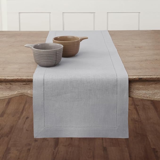 Solino Home Linen Soft Grey Table Runner 90 Inches Long - 100% Pure Linen Hemstitch 14 x 90 Inch Table Runner for Dining, Fall, Autumn, Thanksgiving - Classic Hemstitch