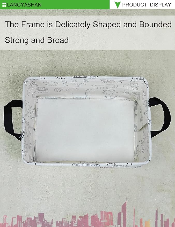 LANGYASHAN Rectangular Storage Bin Collapse Canvas Fabric Cartoon Storage Basket with Handles for Organizing Home Kitchen Boys and Girls Toys Office Closet Shelf Baskets (Rec Simplified Zoo)