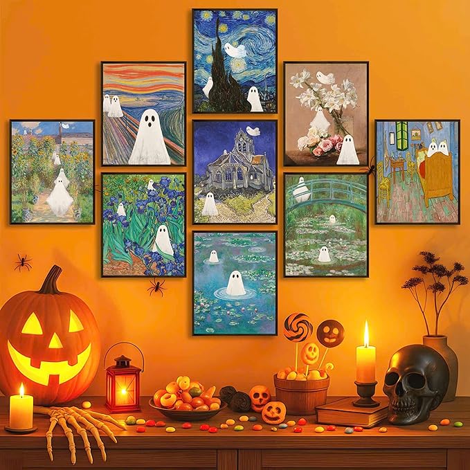 LANCHI95 Vintage Ghost Posters Halloween Wall Art Witch in The Forest Painting Prints Halloween Wall Decor for Living Room Bedroom 8x10 in - 9pcs (UNFRAMED)