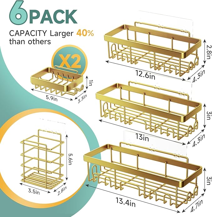 Veken Adhesive Shower Caddy 6-Pack,Gifts for Women Mom,Heavy Weight Bearing,Large Wall Mounted Bathroom Shelves Rack,Organizer Storage Accessories with Soap Dish&Toothbrush Holder,Bright Gold