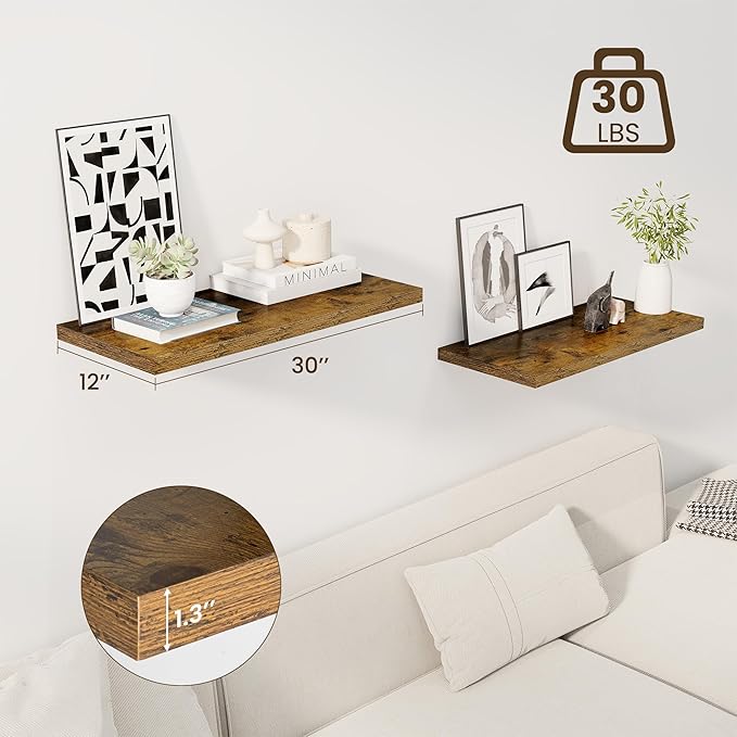 30" Floating Shelves for Wall, 12" Deep Slim Rustic Brown Floating Shelves, Wall-Mounted Shelves for Bedroom, Living Room, Kitchen, Bathroom - Set of 2