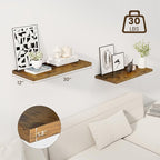 30" Floating Shelves for Wall, 12" Deep Slim Rustic Brown Floating Shelves, Wall-Mounted Shelves for Bedroom, Living Room, Kitchen, Bathroom - Set of 2