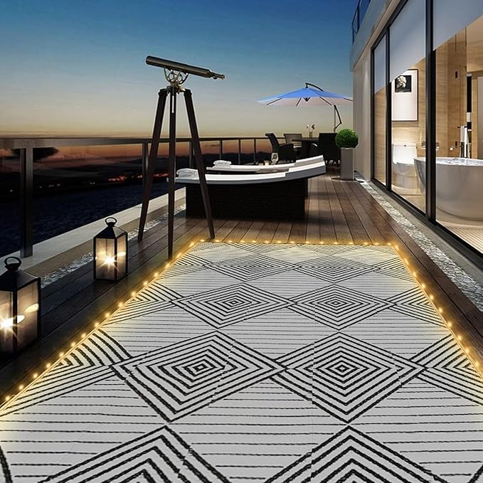 8x10ft Waterproof Outdoor Rug with LED Lights, Foldable Reversible Plastic Straw Mat for Patio RV Camping Picnic Balcony Beach Deck Indoor Outdoor Carpet, Black&White