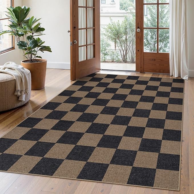 Lahome Checkered Easy Jute Living Room Rugs, 5x7 Black Dining Room Office Rug Farmhouse Washable Carpet, Checkerboard Neutral Non Slip Indoor Outdoor Carpet for Bedroom Entry Patio