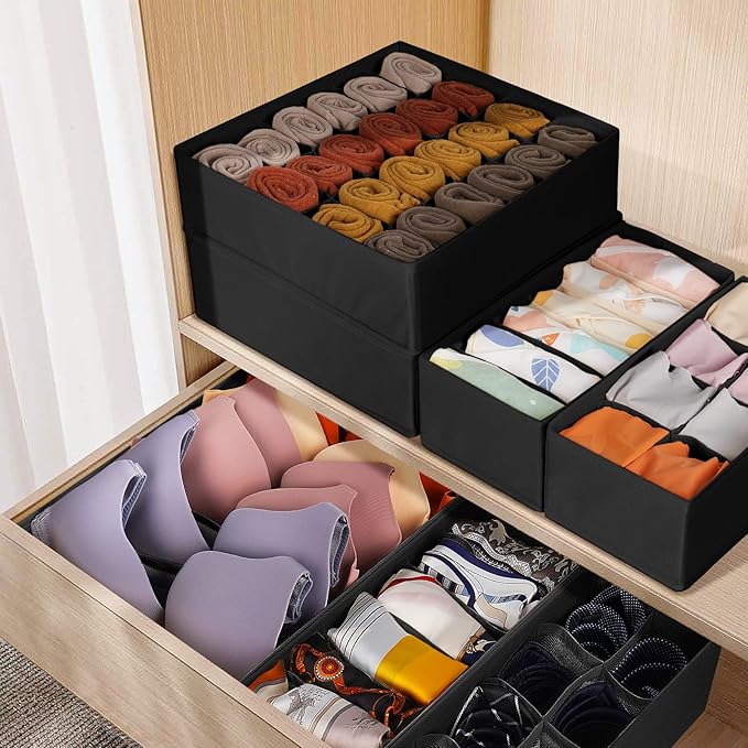 6 Pack Sock Underwear Drawer Organizer Dividers, 58 Cell Foldable Fabric Dresser Closet Organizers and Storage Bins for Clothing, Baby Clothes, Bra, Panty, Scarf, Ties (Black)