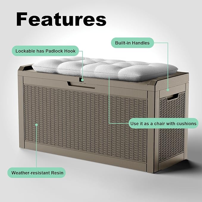 60 Gallon Resin Deck Box, Lockable Outdoor Storage Box for Patio Cushions Storage Furniture,Garden Tools, Pool Supplies, Weatherproof and UV Resistant (Grey Rattan)