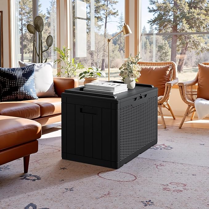 JUMMICO 100 Gallon Resin Deck Box with Cushion, Waterproof Outdoor Storage Box with Lockable Lid for Garden Tools, Patio Cushions (Black)