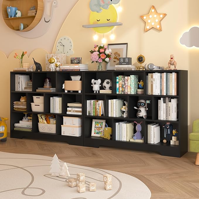 Book Shelf, 10 Cubes Storage Organizer, 3-Tier Open Shelf Wooden Bookcase, Freestanding Balck Bookshelf Cube Shelf for Bedroom, Living Room, Home Office