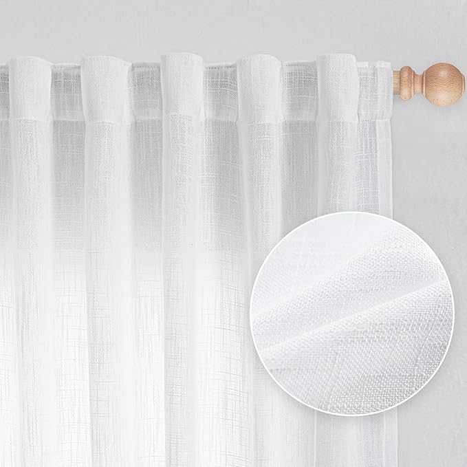 MYSKY HOME White Sheer Curtains 63 inch length Light Filtering Semi Sheer Curtains for Bedroom Short Window Treatment Privacy Protect Drapes Set, Back Tab Boho Farmhouse Linen Soft, 50" Wide, 2 Panels