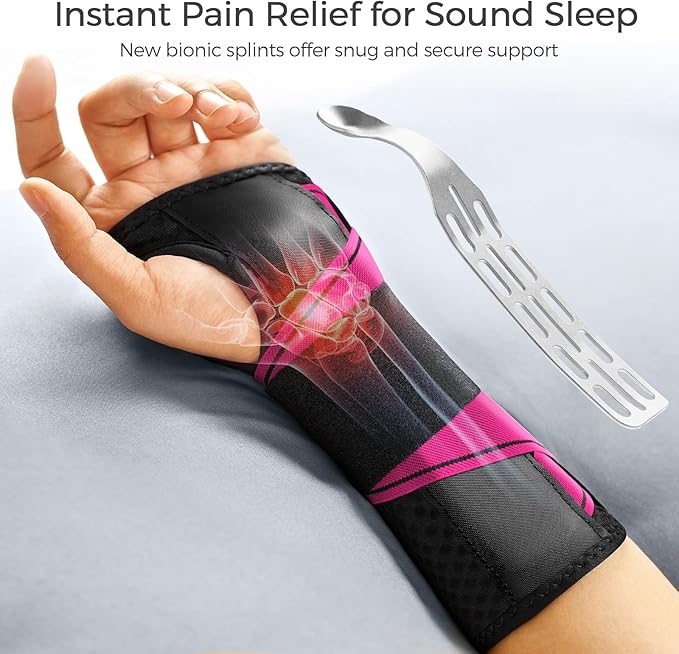 FREETOO Carpal Tunnel Wrist Brace Night Support Fit Right Hand for Work, Pain Relief Wrist Splint for Tendonitis, Arthritis, Fit Women and Men, Wrist Stabilizer Brace for Sleeping (L/XL, Black/Pink)