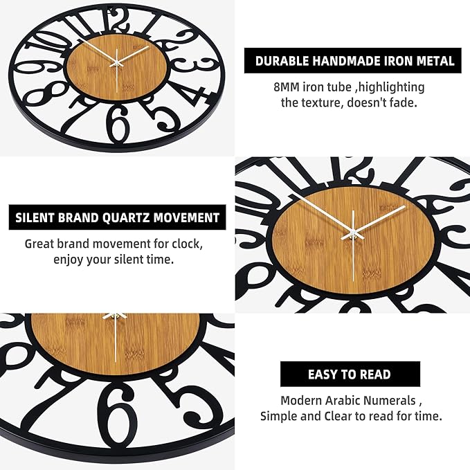 LEIKE 30" Oversized Large Wall Clocks,Silent,Non Ticking,Battery Operated Modern Round Big Wood Decorative Metal Wall Clock for Living Room, Bedroom,Kitchen,Farmhouse,Office Decor - Black,30 Inch