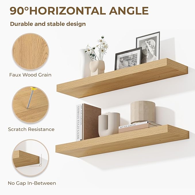 Dreamland 40 Inches Floating Shelves for Wall, 9.3" Deep Long Floating Shelves Set of 2, Large Display & Storage Shelf, Wall Shelf for Bathroom Bedroom Living Room Kitchen Office, Oak